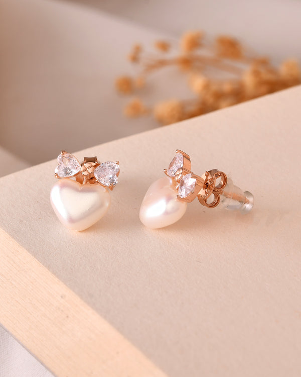 Rose Gold Pearl Heart Bow Earrings