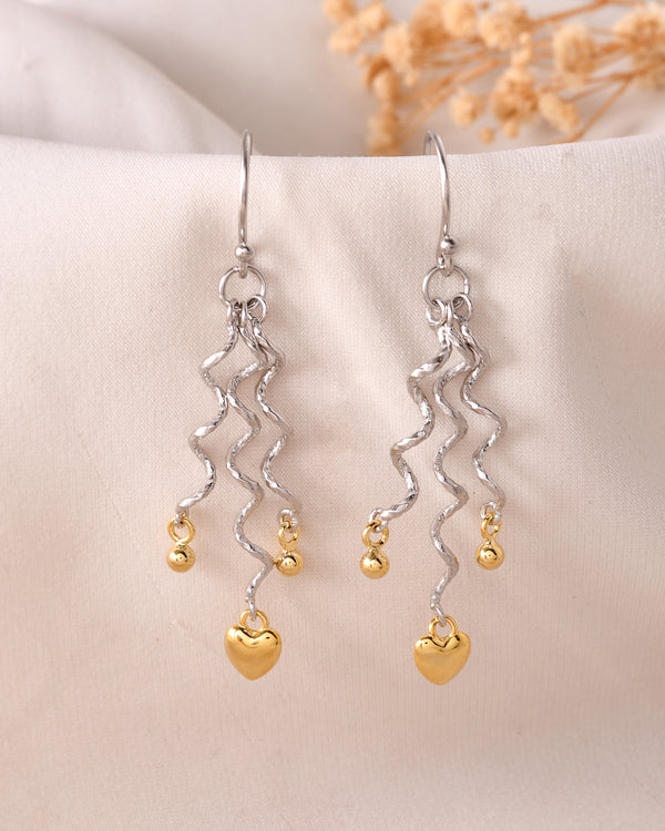 Wavy Silver & Gold Heart Dangler Earrings